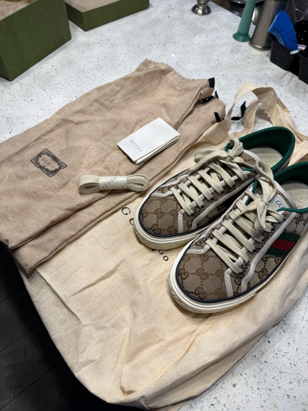 Gucci Beige Monogram Kids Sneaker with Green & Red Web Stripe - Picture 4 of 8